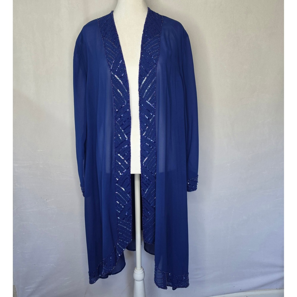 Midnight Velvet Royal Blue Beaded Sequin Chiffon Duster Cardigan Womens 3X